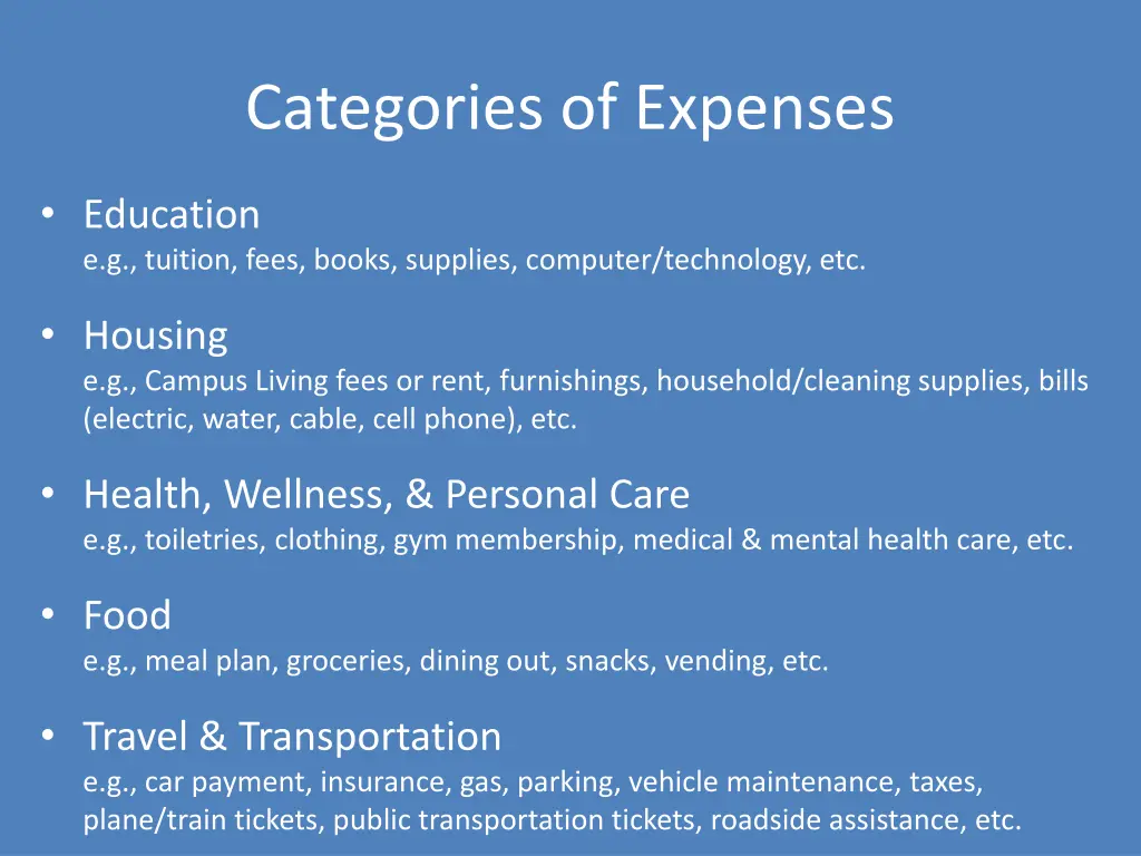 categories of expenses