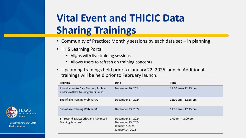 vital event and thicic data sharing trainings