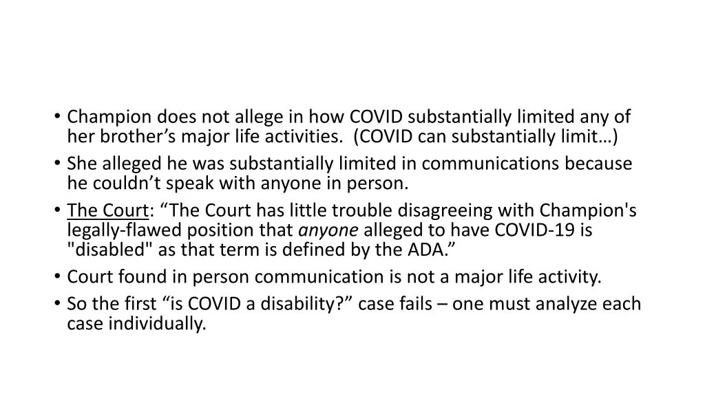champion does not allege in how covid