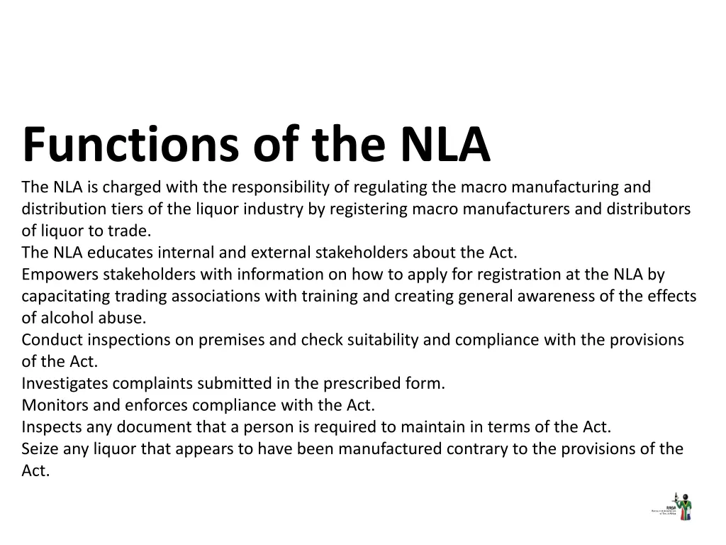 functions of the nla the nla is charged with