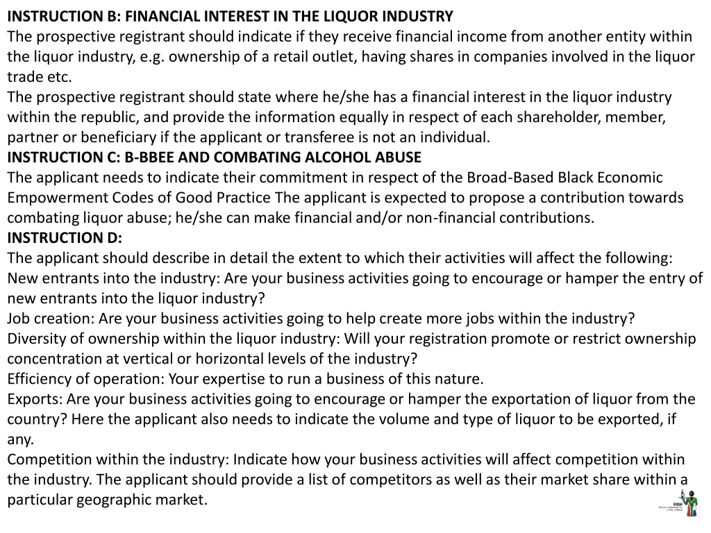 instruction b financial interest in the liquor