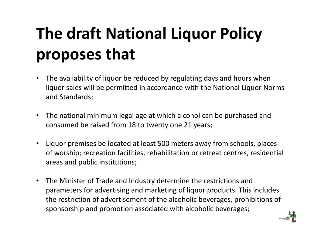the draft national liquor policy proposes that