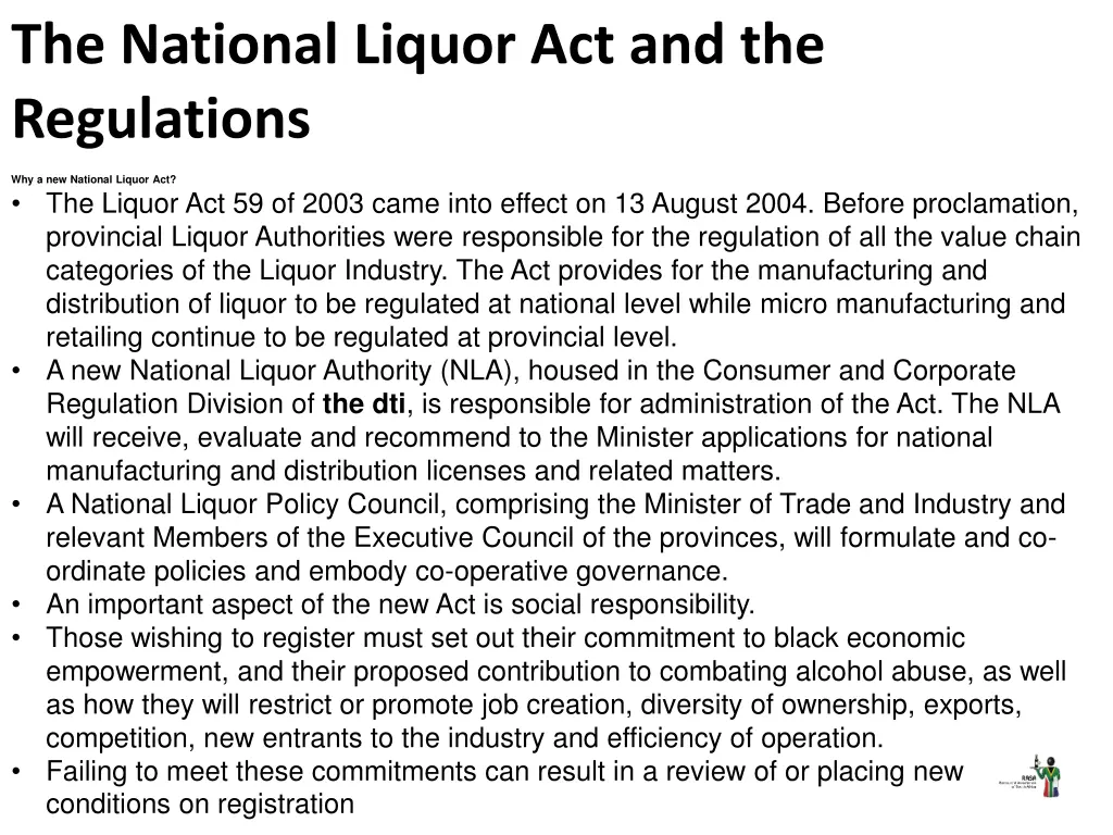 the national liquor act and the regulations