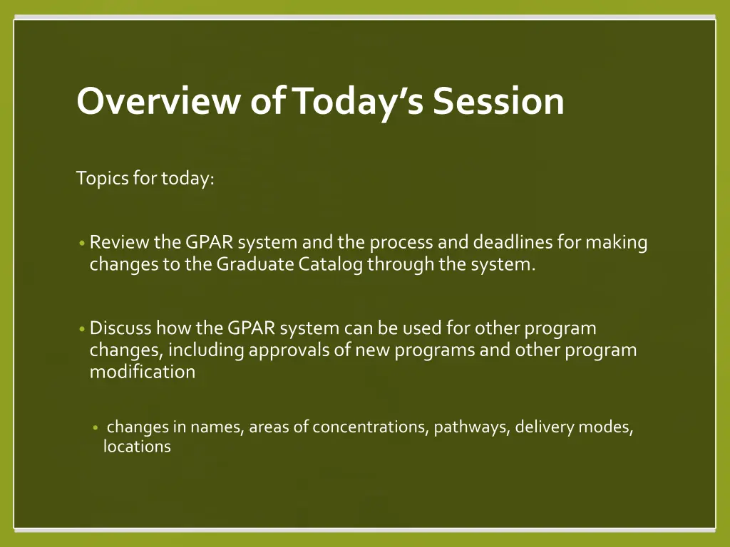 overview of today s session