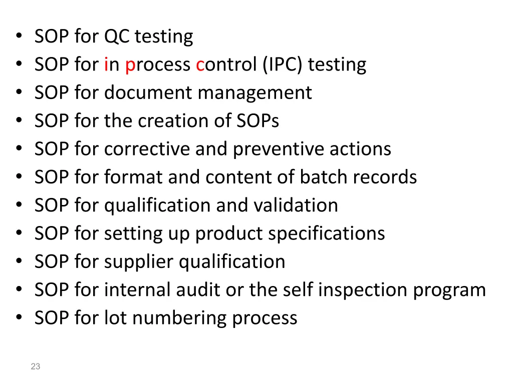 sop for qc testing sop for in process control