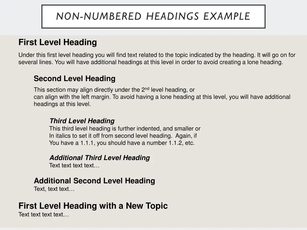 non numbered headings example