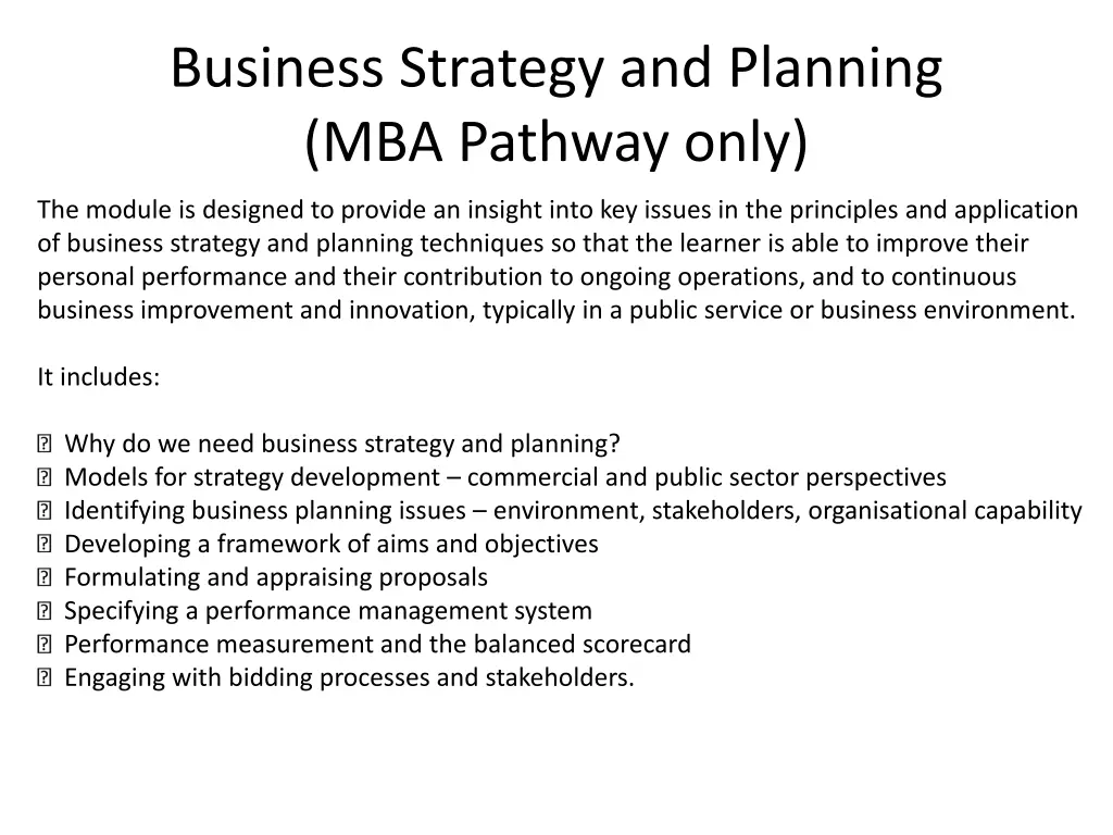 business strategy and planning mba pathway only