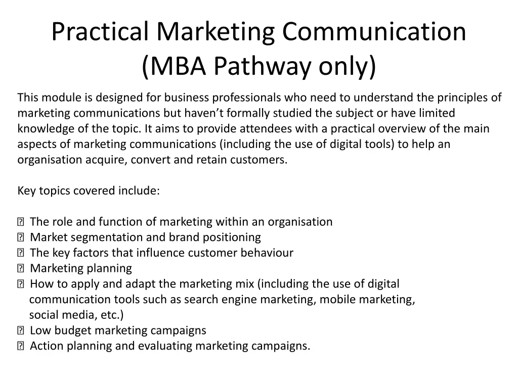 practical marketing communication mba pathway only