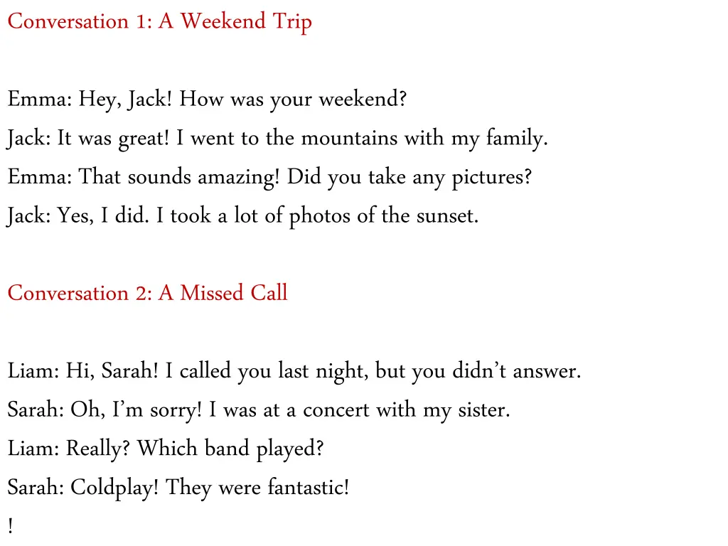 conversation 1 a weekend trip