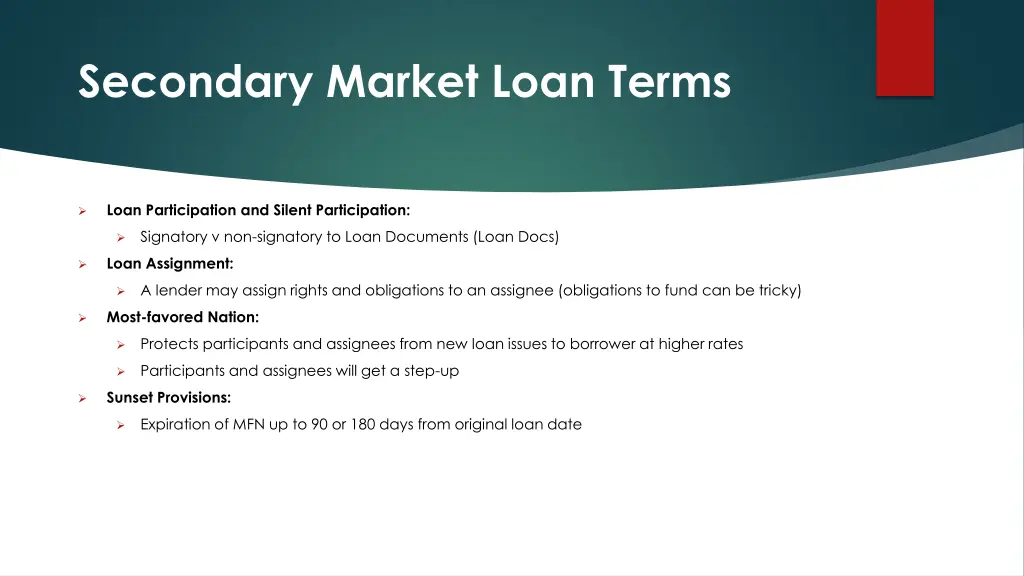 secondary market loan terms