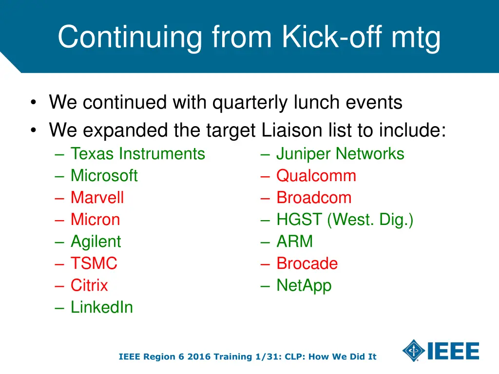 continuing from kick off mtg