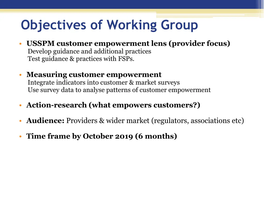objectives of working group