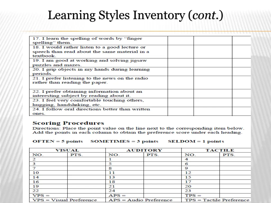 learning styles inventory cont