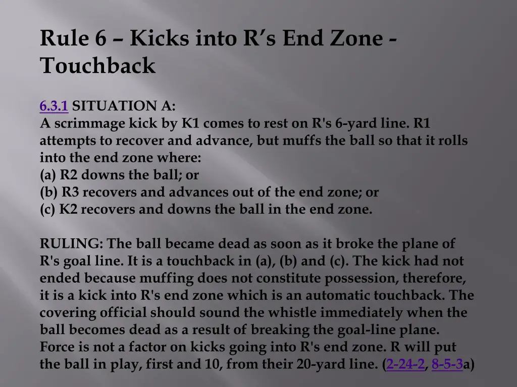 rule 6 kicks into r s end zone touchback