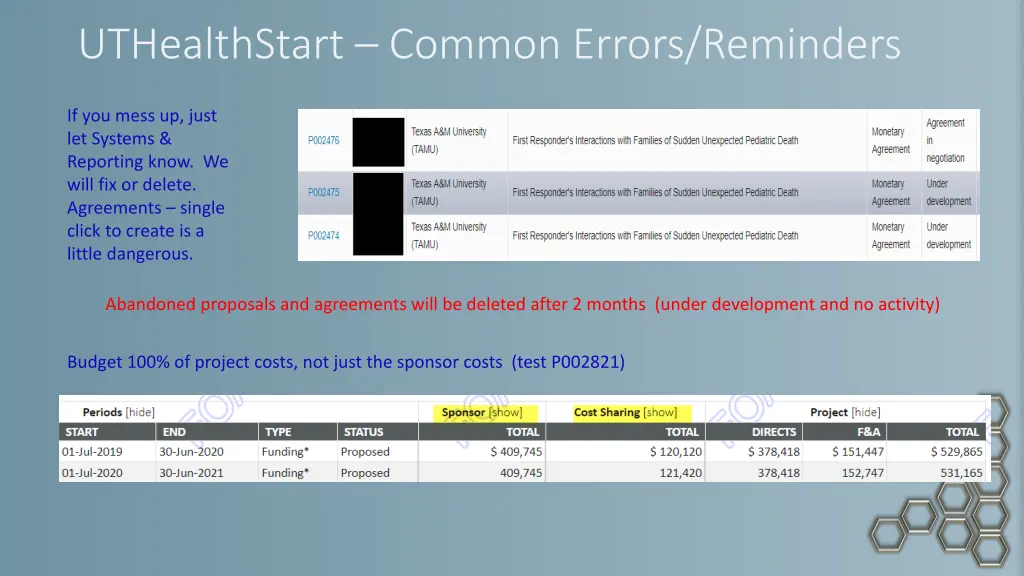 uthealthstart common errors reminders 1