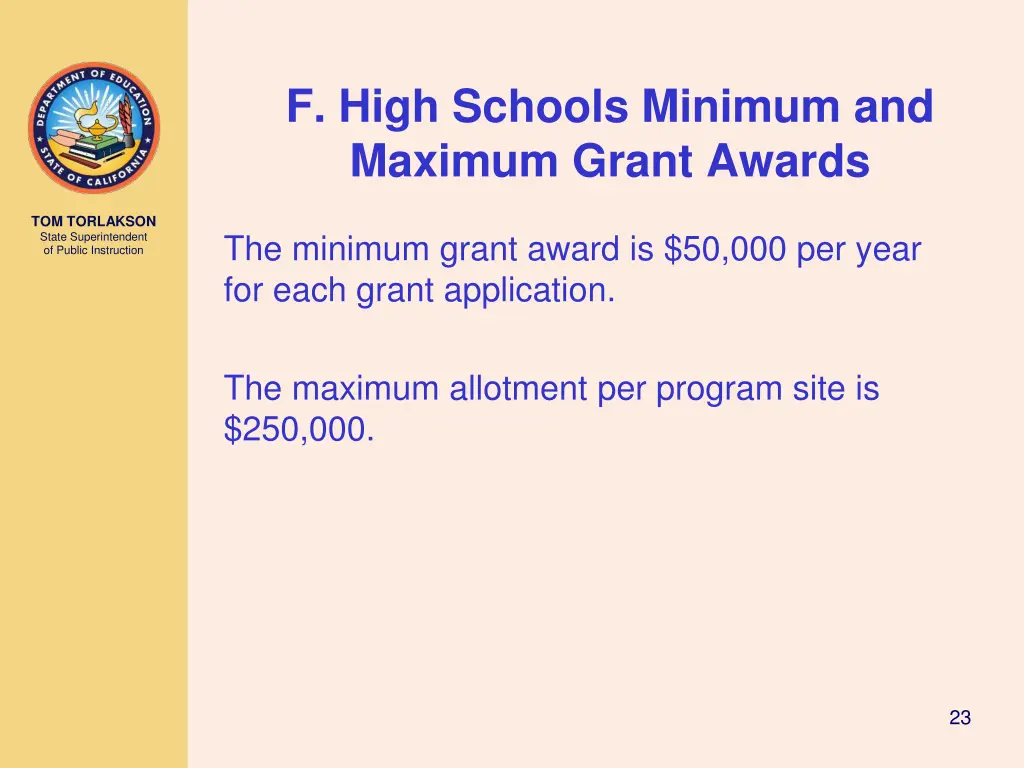 f high schools minimum and maximum grant awards