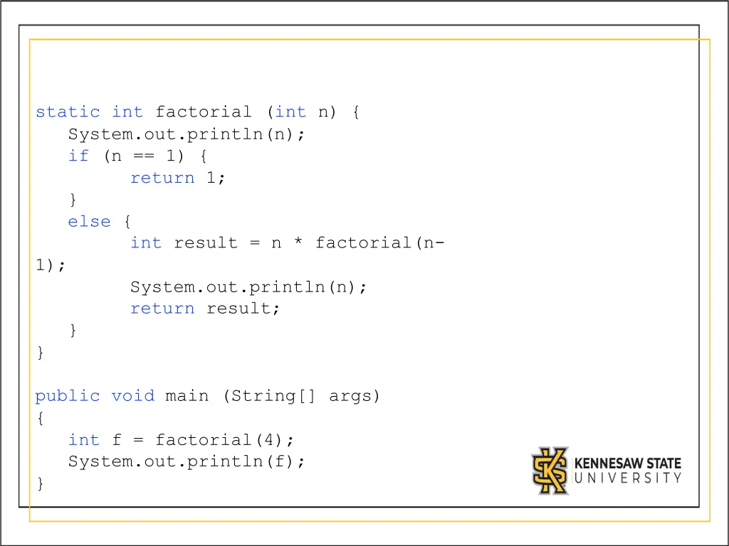 static int factorial int n system out println