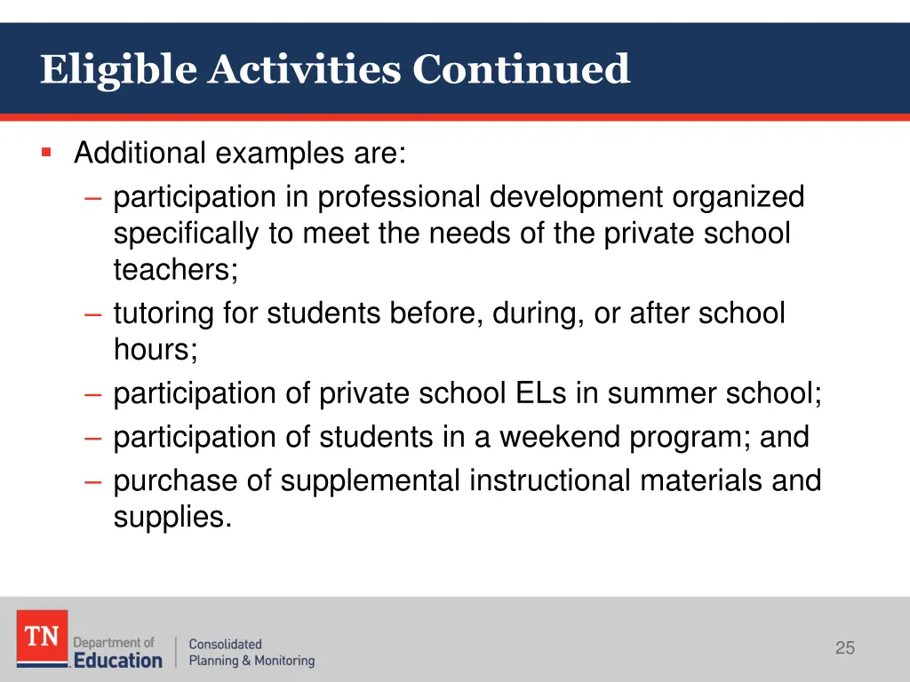 eligible activities continued