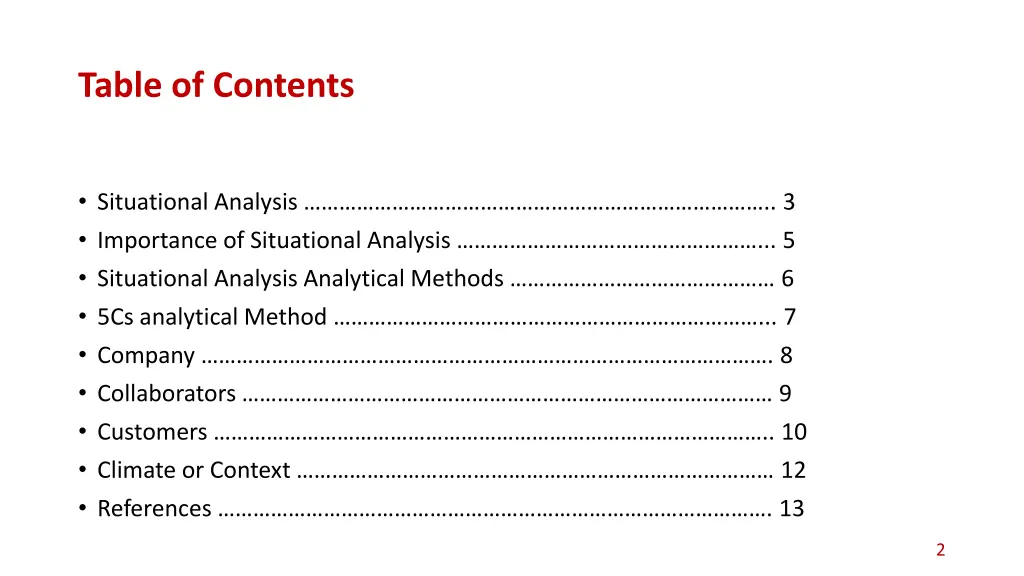 table of contents