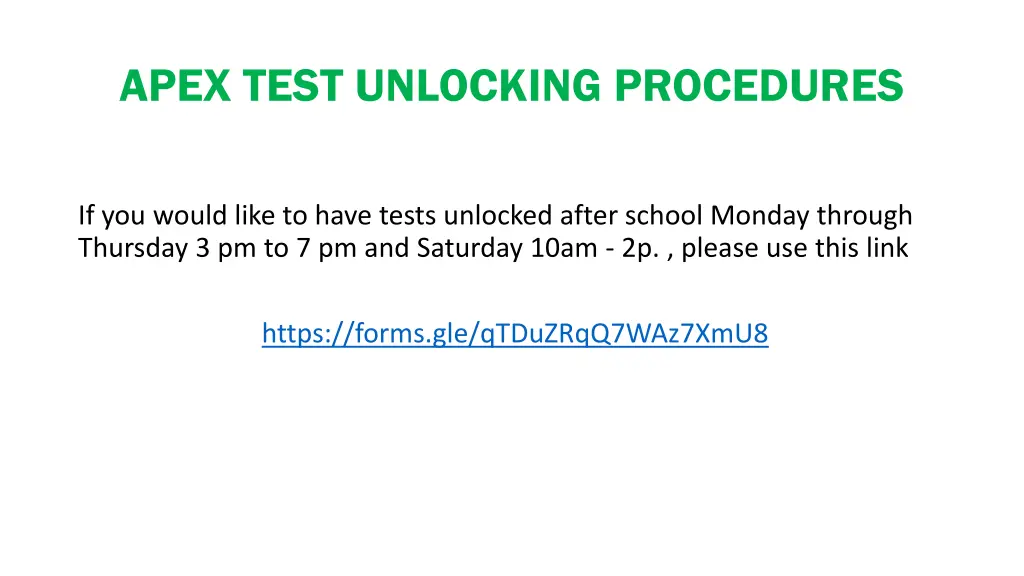 apex test unlocking procedures