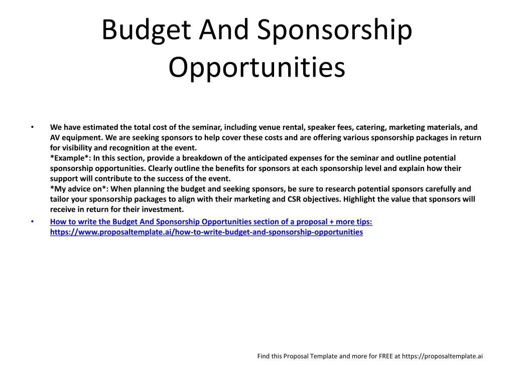 budget and sponsorship opportunities