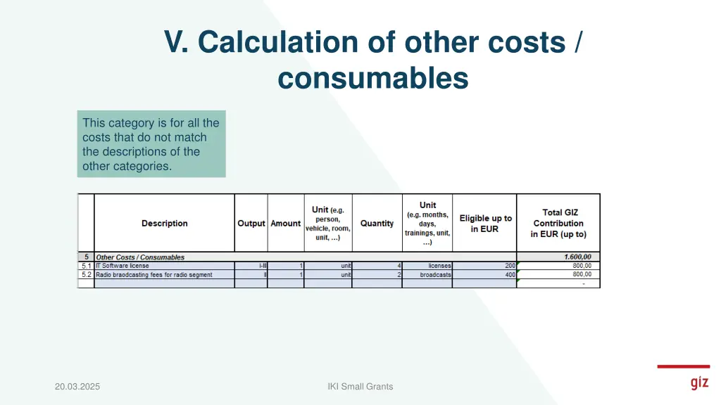 v calculation of other costs consumables