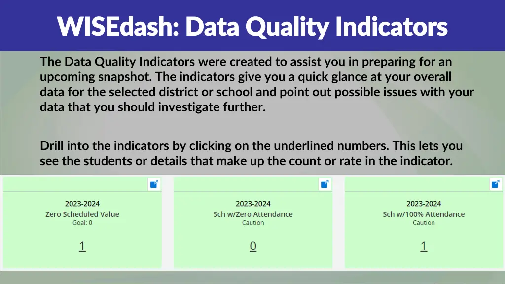 wisedash data quality indicators wisedash data