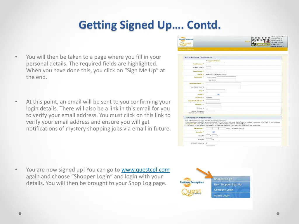 getting signed up contd
