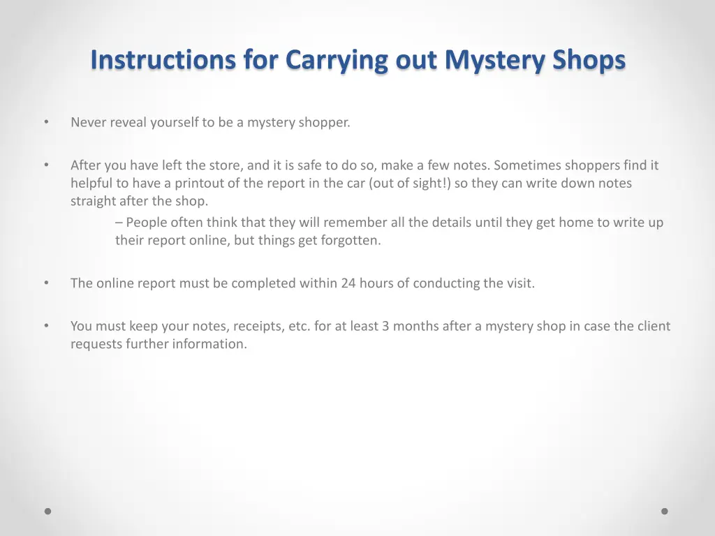 instructions for carrying out mystery shops 1