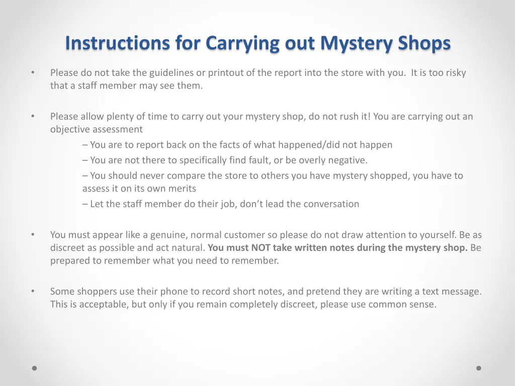 instructions for carrying out mystery shops