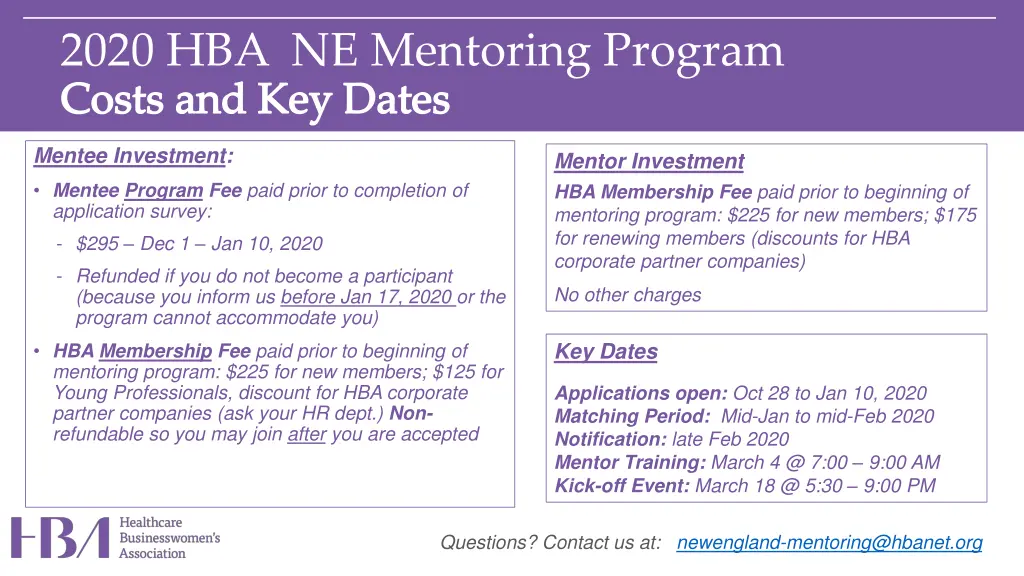 2020 hba ne mentoring program costs and key dates