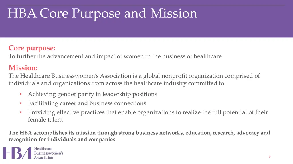 hba core purpose and mission