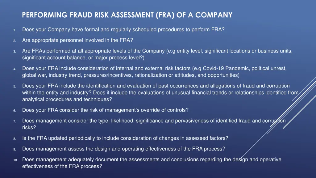 performing fraud risk assessment fra of a company