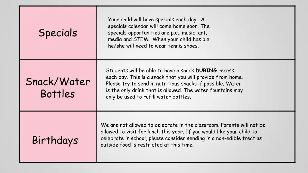 your child will have specials each day a specials