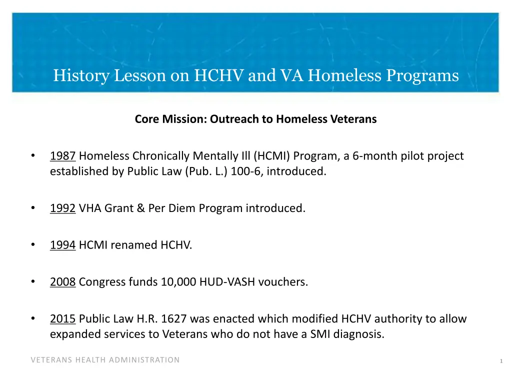 history lesson on hchv and va homeless programs