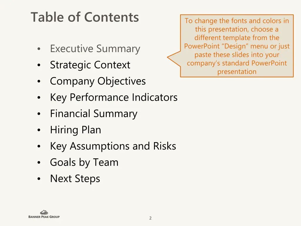 table of contents