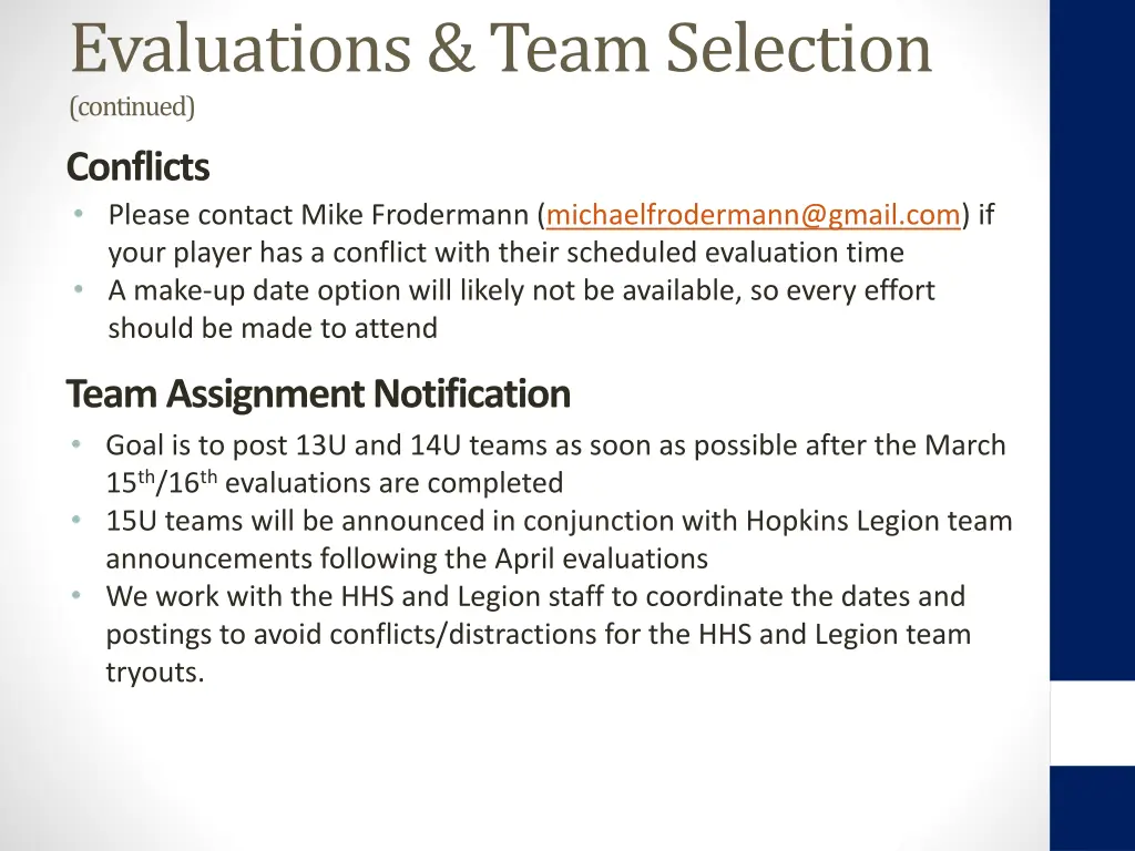 evaluations team selection continued