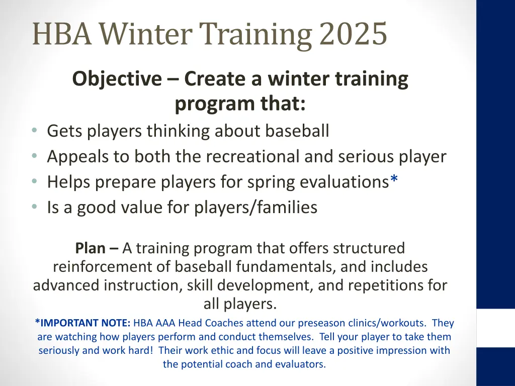 hba winter training 2025