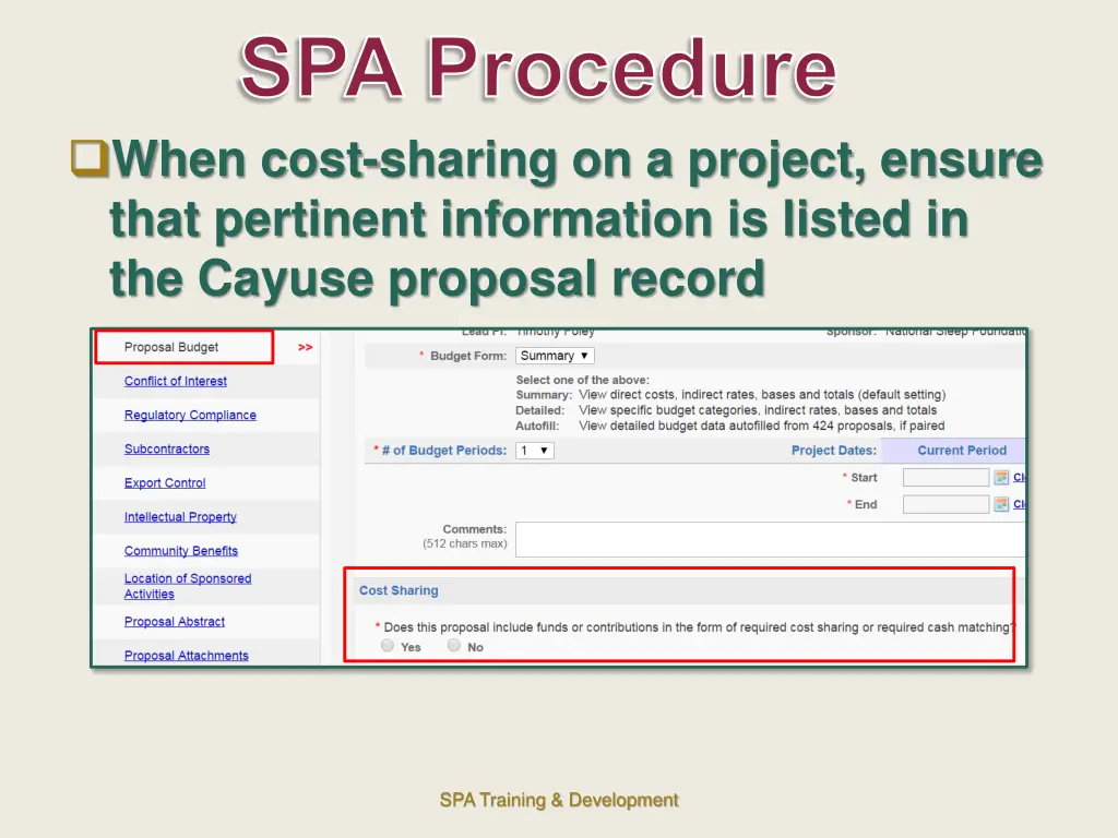 spa procedure when cost sharing on a project