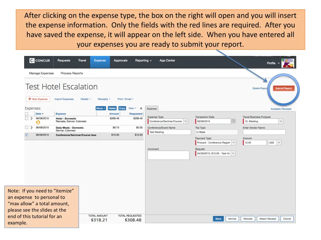 after clicking on the expense type