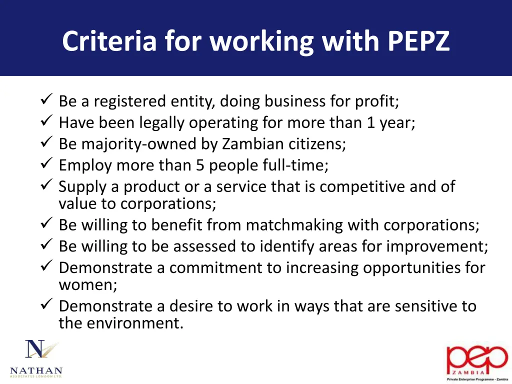 criteria for working with pepz