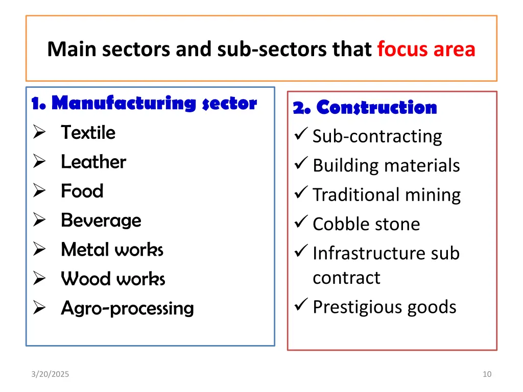 main sectors and sub sectors that focus area