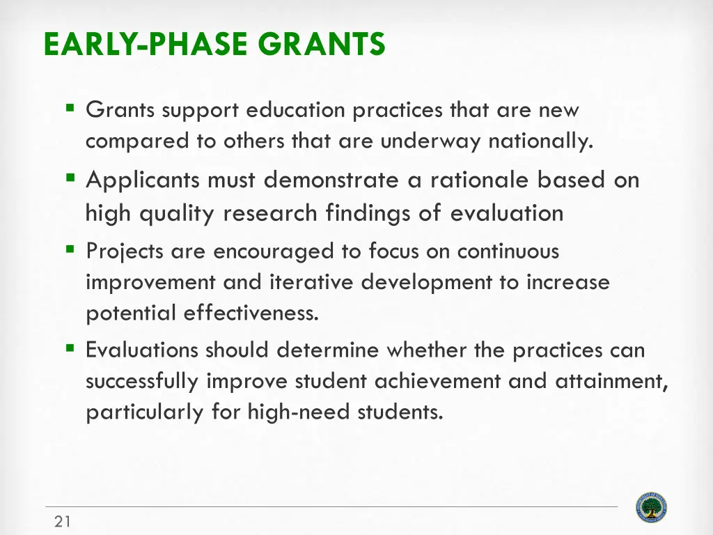 early phase grants