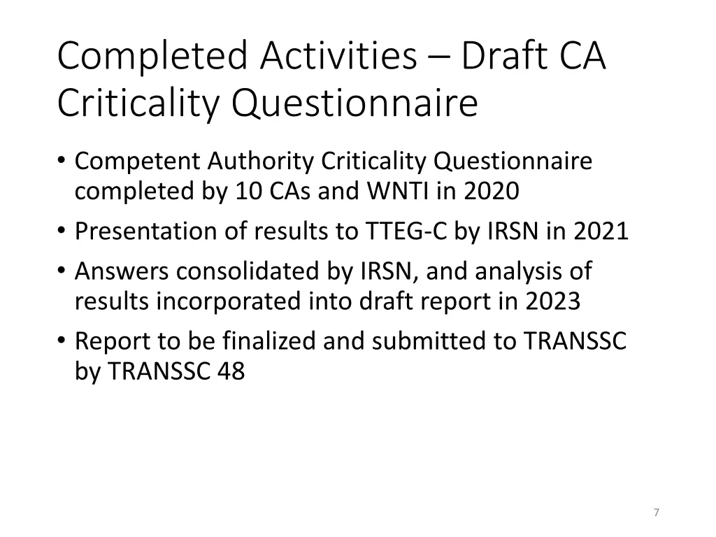 completed activities draft ca criticality
