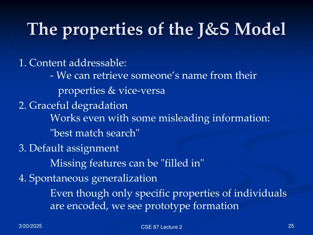 the properties of the j s model