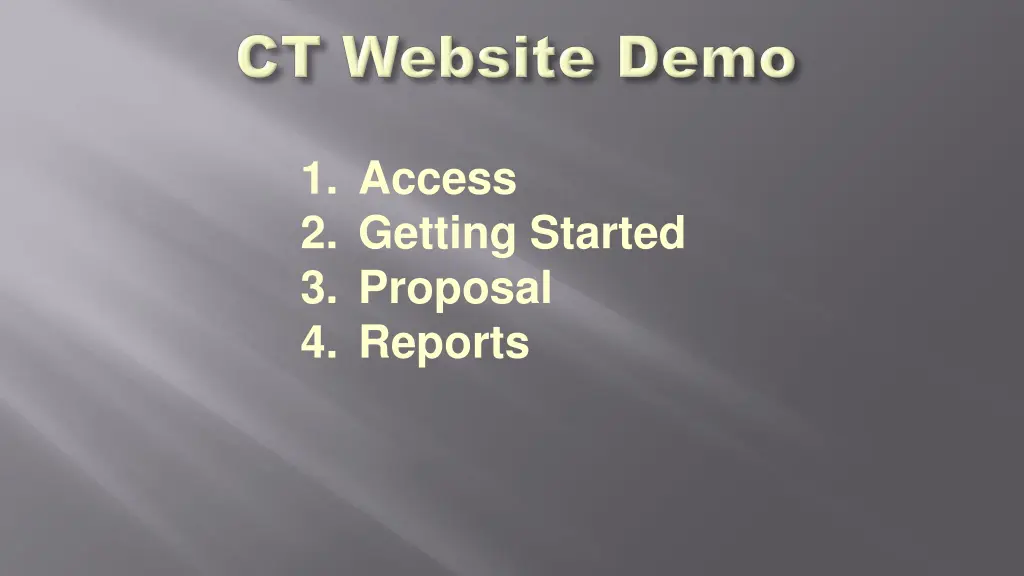1 access 2 getting started 3 proposal 4 reports