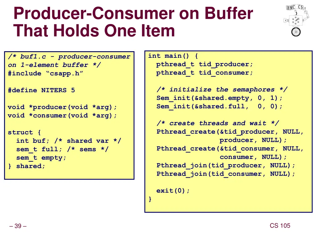 producer consumer on buffer that holds one item