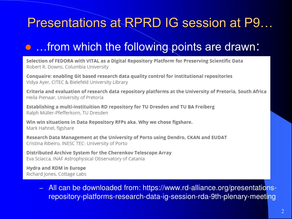 presentations at rprd ig session at p9