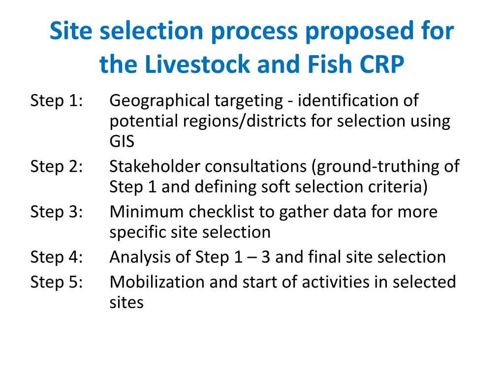 site selection process proposed for the livestock