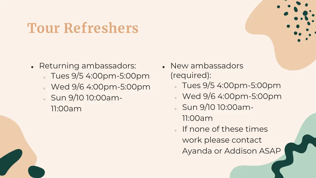 tour refreshers